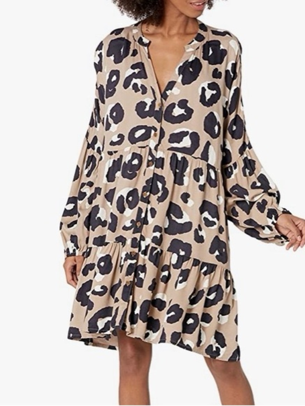 Mud Pie Maybell Leopard Print V Neck Tiered‎ Flounce Babydoll Dress Tan Large